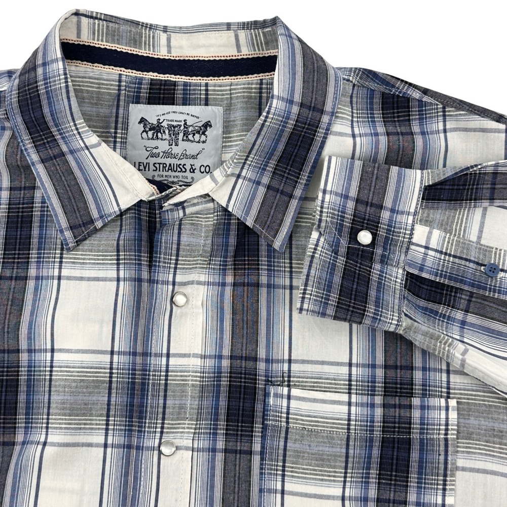 Levi Strauss & Co Shirt Mens Large‎ Blue Plaid Long Sleeve Pearl Snaps Western